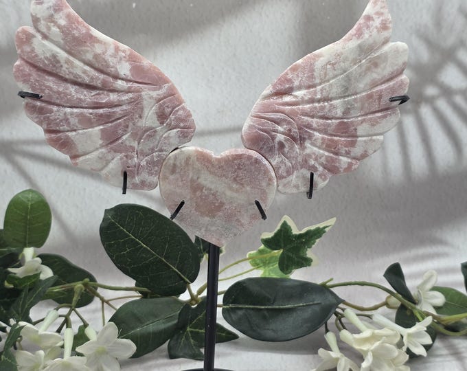 Hand-Carved Pink Opal Winged Heart Display | Adjustable Gemstone Stand (8.75" H)