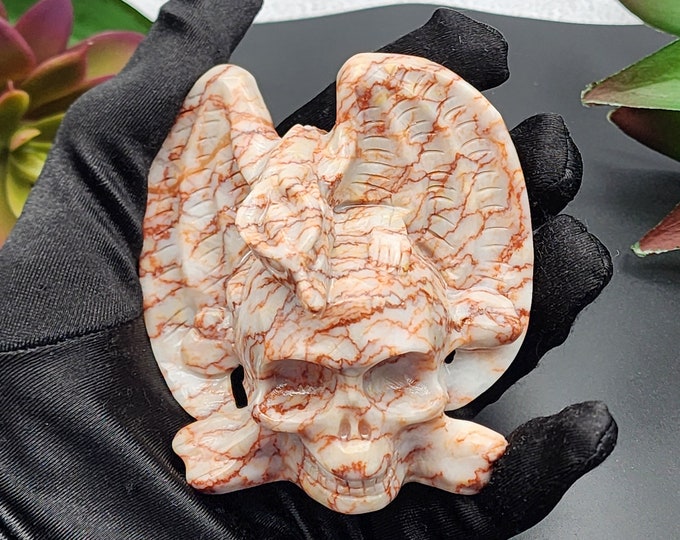 Red Vein Jasper Crystal Skull: Dragon & Crossbones, Gothic Decor