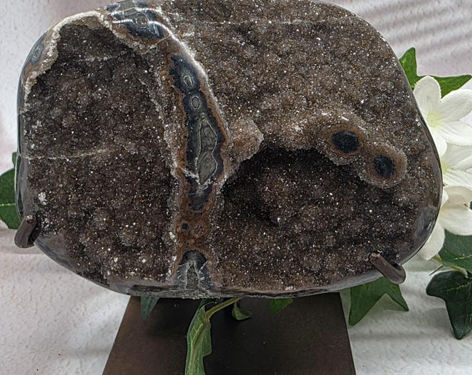 Uruguay Chocolate Druzy Quartz Geode on Metal Stand Natural Brown Smoky Quartz with Golden Sparkle, Collector Crystal Display