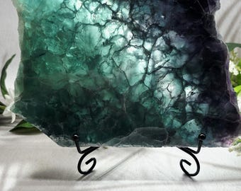 Large Green Fluorite Slab with Stand, Natural Fluorite Display, Green Purple Fluorite, Collector Crystal, Statement Crystal Decor 5.4 Pounds