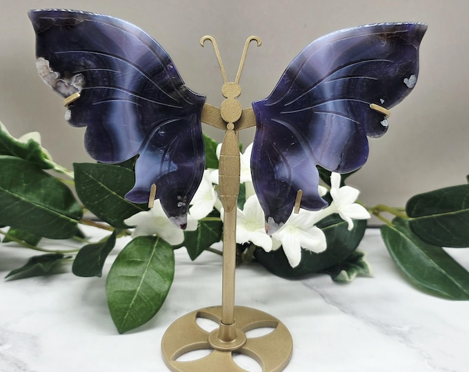 Hand-Carved Blue Flower Agate Butterfly Wings, Gold Metal Stand, Decorative Gemstone Display