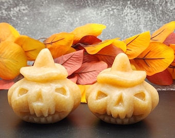 Calcite Jack-O'-Lantern Set: Halloween Gemstone Decor, Fall Decoration