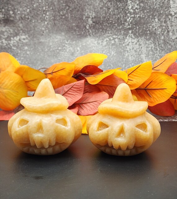 Halloween Decor Gemstone Set Enchanting Calcite Halloween Set of 2 Figures: Calcite Jack-O'-Lantern, Fall Decor, Halloween Decoration.