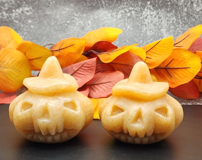 Calcite Jack-O'-Lantern Set: Halloween Gemstone Decor, Fall Decoration