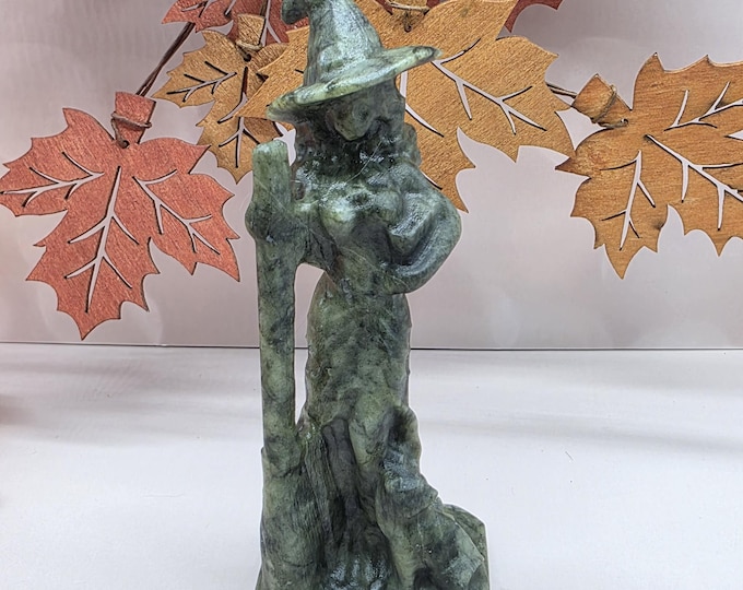 Hand Carved Xiuyan Jade Witch with Cat: Gothic Halloween Figurine