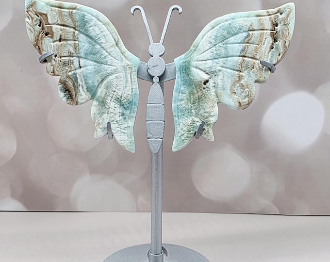 Hand-Carved Hemimorphite Butterfly Wings, Silver Metal Stand, Aqua Crystal Decor