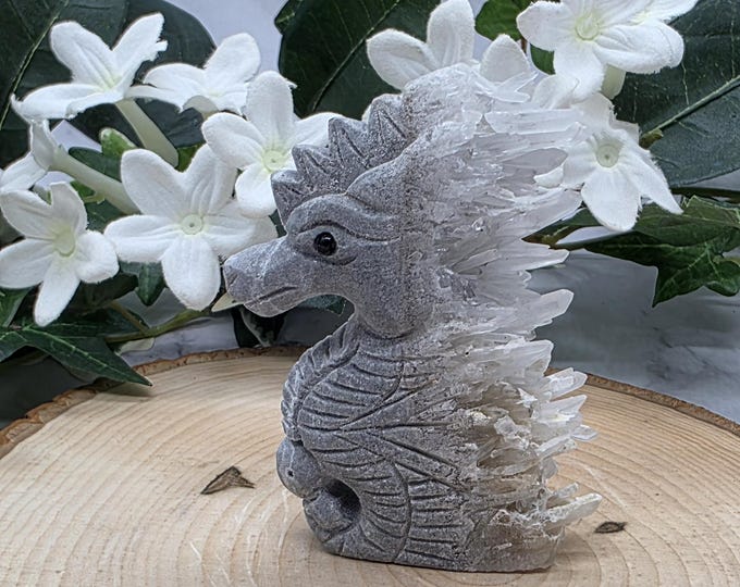 Hand-Carved Quartz Cluster Seahorse • Natural Crystal Seahorse Sculpture • Raw Quartz Points • Ocean Spirit Carving • Unique Crystal Art