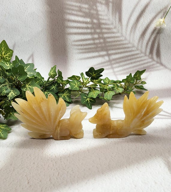 Moonstone Nine-Tailed Fox Set Of 2, Hand-Carved Crystal Fox, Crystal Energy Healing, Home Décor, Whimsical Touch