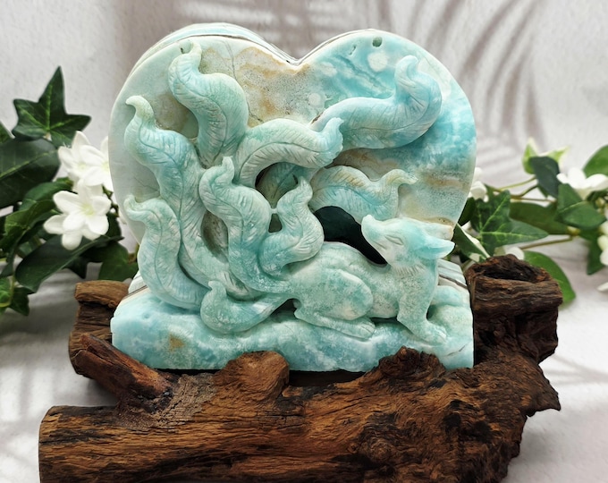 Large Hemimorphite Nine-Tailed Fox Heart Carving, Natural Wood Stand, Blue Gemstone Animal Statue