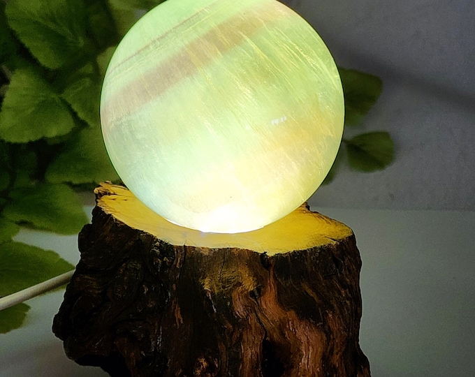 Candy Fluorite Sphere with Lighted Natural Wood Stand