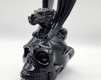 Hand Carved Black Obsidian Skull with Dragon Topper