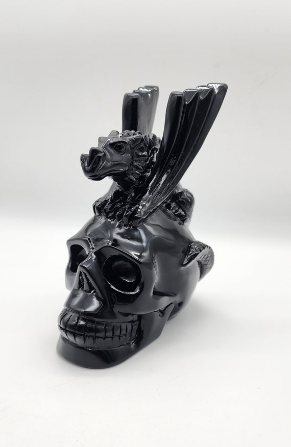 Black Obsidian Large Skull With Dragon Hand Carved Obsidian, Skull With Dragon, Polished Black Obsidian, Protection Stone Gift