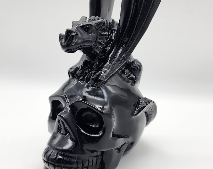 Hand Carved Black Obsidian Skull with Dragon Topper