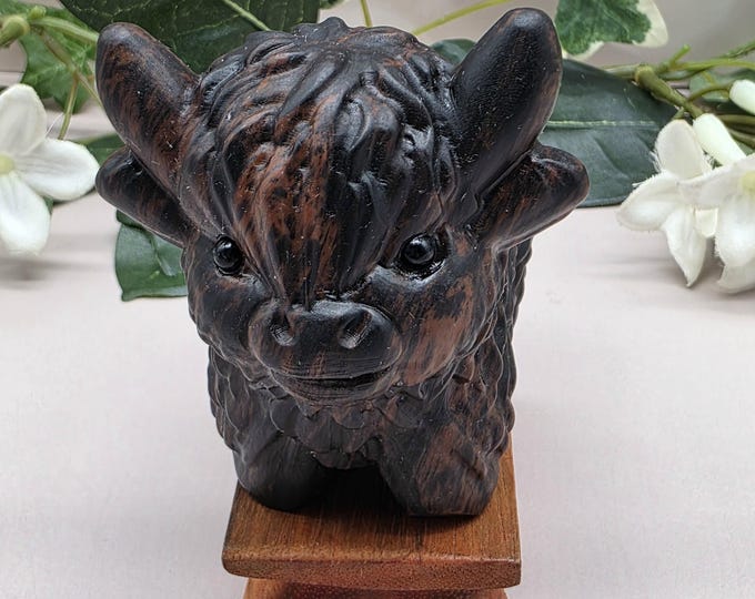 Hand Carved Mahogany Obsidian Highland Cow Figurine with Wood Stand