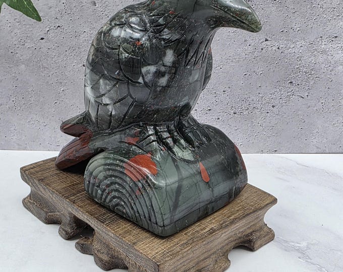 African Bloodstone Raven Carving with Wood Stand, Hand Carved Stone Bird Sculpture