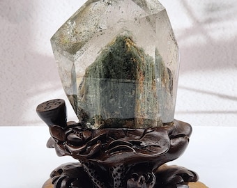 Garden Quartz Crystal Point: Green Mountain, Rainbow, Handcrafted Wood Stand
