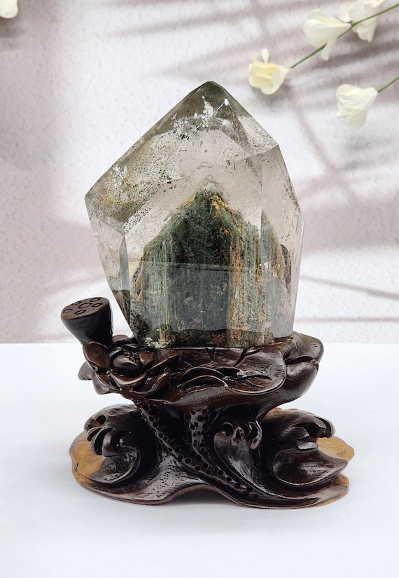 Luxury, Exquisite Garden Quartz Thousand Layers with Green Mountain, Rainbow, and Complimentary Custom Handcrafted Wood Stand, Nature's Art
