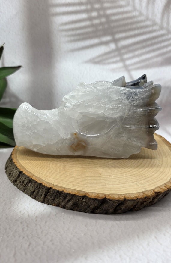 UV Reactive Crystal Dragon Skull: Clear Quartz Volcano Agate, Fantasy Decor