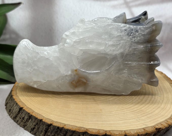 UV Reactive Crystal Dragon Skull: Clear Quartz Volcano Agate, Fantasy Decor