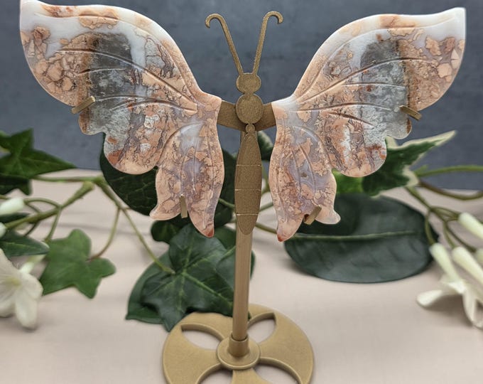 Hand-Carved Cotton Candy Agate Butterfly Wings, Gold Metal Stand, Peach Crystal Decor