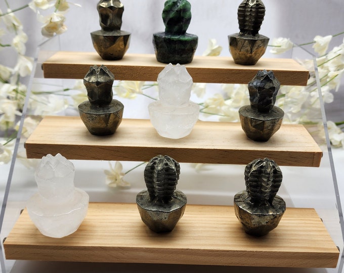 Mini Crystal Cactus Carvings: Pyrite, Clear Quartz, Ruby Zoisite - 9 Piece Set