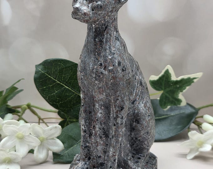 Hand Carved Yooperlite Sphinx Cat, UV Reactive Egyptian Bastet Statue, Gothic Decor