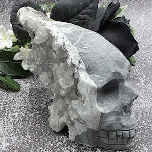 Quartz Crystal Skull Geode  Druzy Skull Carving  Gothic Decor  Crystal Skull Display  Halloween Crystal  Metaphysical Gift  Altar Decor