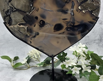 XL UV Reactive Volcano Agate Heart on Custom Metal Stand • Luxury Crystal Art Display • Large Polished Agate Heart Sculpture