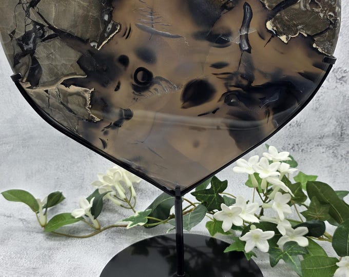 XL UV Reactive Volcano Agate Heart on Custom Metal Stand • Luxury Crystal Art Display • Large Polished Agate Heart Sculpture