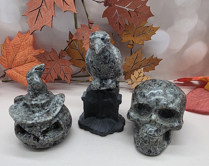 Yooperlite Halloween Trio, UV Reactive Skull, Raven, Jack O'Lantern, Obsidian Tombstone