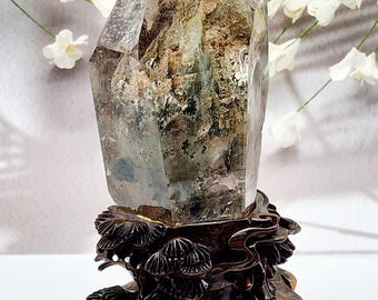 Garden Quartz Point: Thousand Layers Mountain with Handcrafted Wood Stand