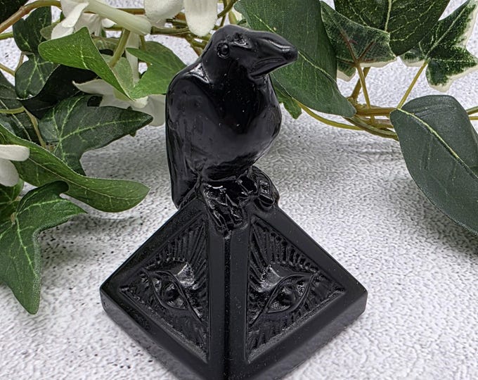 Black Obsidian Crow on Pyramid, All Seeing Eye Carving, Hand-Carved Crystal Figurine