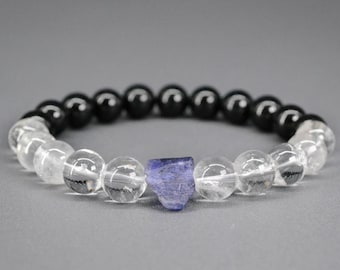 Raw Tanzanite bracelet men with Clear Quartz and Black Tourmaline Adjustable blue crystal bracelet