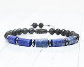 Lapis lazuli bracelet Mens adjustable blue bead bracelet with lava
