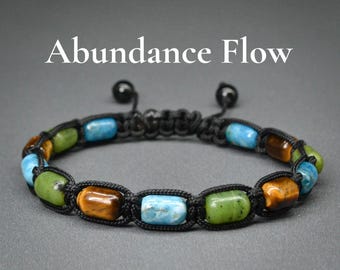 Abundance Flow Wealth & Success bracelet Adjustable Green Jade, Tiger Eye, Blue Apatite macrame bracelet