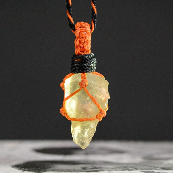 Wrapped Libyan desert glass necklace men Macrame yellow meteorite pendant