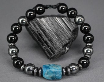 Pulsera grande de apatita hombres Pulsera de piedra azul ajustable Pulsera de piedra de nacimiento de marzo