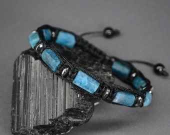 Pulsera de apatita mate cruda hombres Pulsera de piedra azul trenzada ajustable Pulsera de piedra de nacimiento de marzo