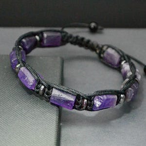 Raw Amethyst bracelet for men, Purple stone macrame bracelet