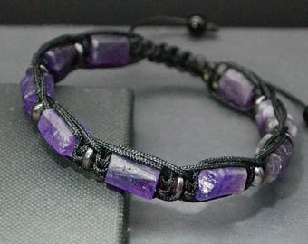 Raw Amethyst bracelet for men, Purple stone macrame bracelet