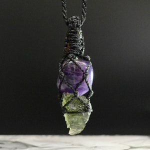 Moldavite and Amethyst necklace for men Real authentic Moldavite pendant Adjustable green meteorite pendant