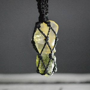 Moldavite and Libyan desert glass necklace for men Wrapped green and yellow meteorite pendant