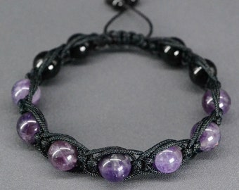 Amethist armband heren met zwarte toermalijn macramé paarse kristallen armband februari geboortesteen armband