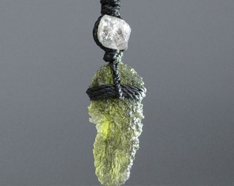 Moldavite and Herkimer necklace for men Real authentic Moldavite pendant Adjustable green meteorite pendant