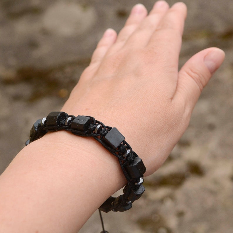 Raw black tourmaline bracelet for men EMF 5 G protection stone bracelet October birthstone bracelet zdjęcie 6