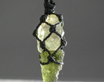 Moldavite and Libyan desert glass necklace for men Wrapped green and yellow meteorite pendant