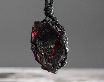 Raw garnet necklace men Macrame wrapped stone pendant January Birthstone necklace