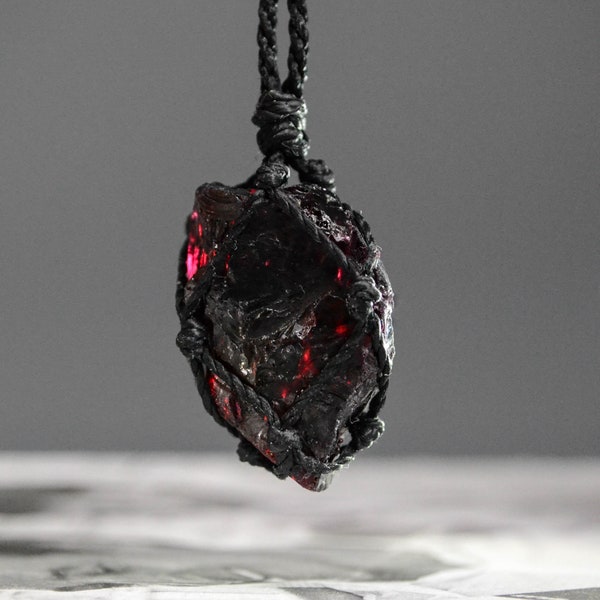 Raw garnet necklace men Macrame wrapped stone pendant January Birthstone necklace