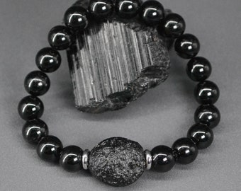 Pulsera de meteorito hombres Pulsera de tektita cruda con turmalina negra