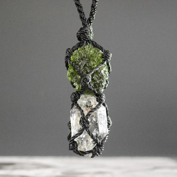 Moldavite Herkimer Diamond necklace for men Real authentic Moldavite pendant Adjustable green meteorite pendant